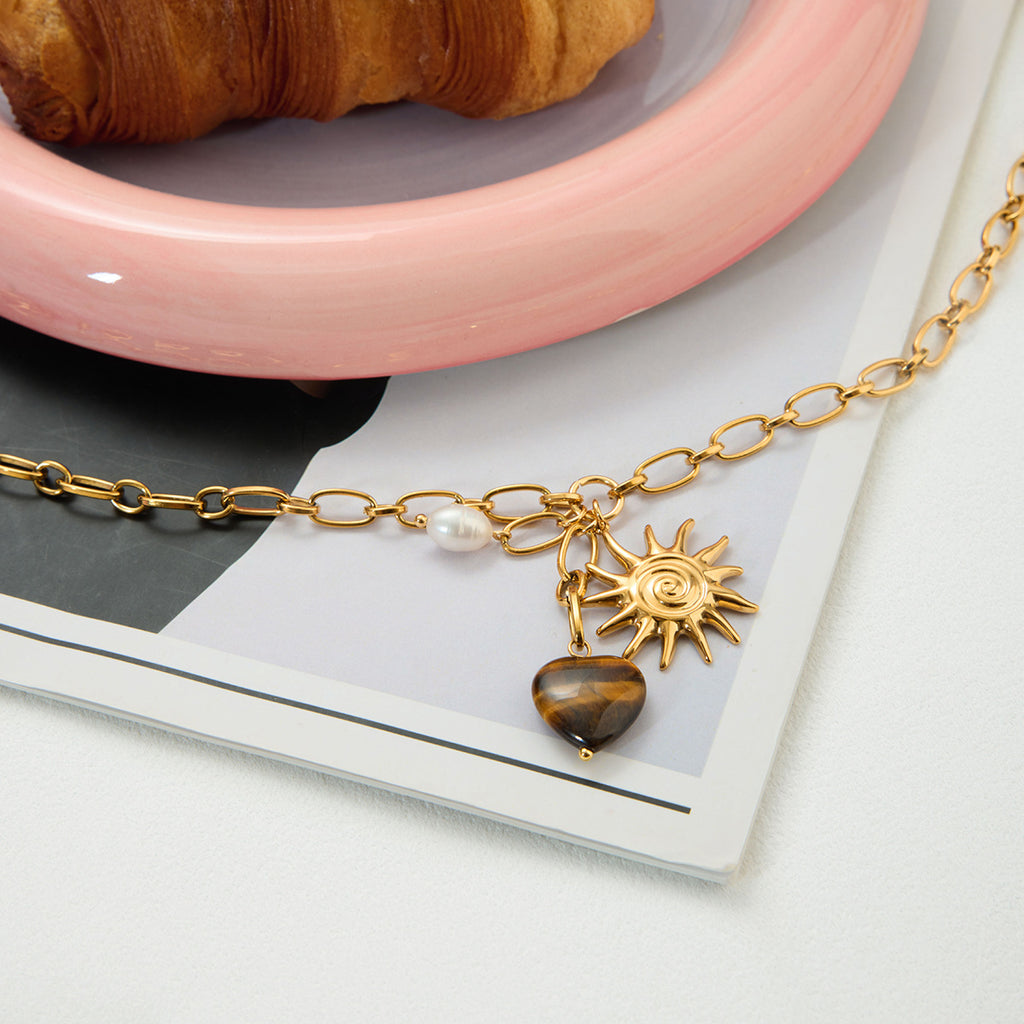 Retro Tigers Eye Heart Necklace Accessory For Women Made Of Stainless Steel