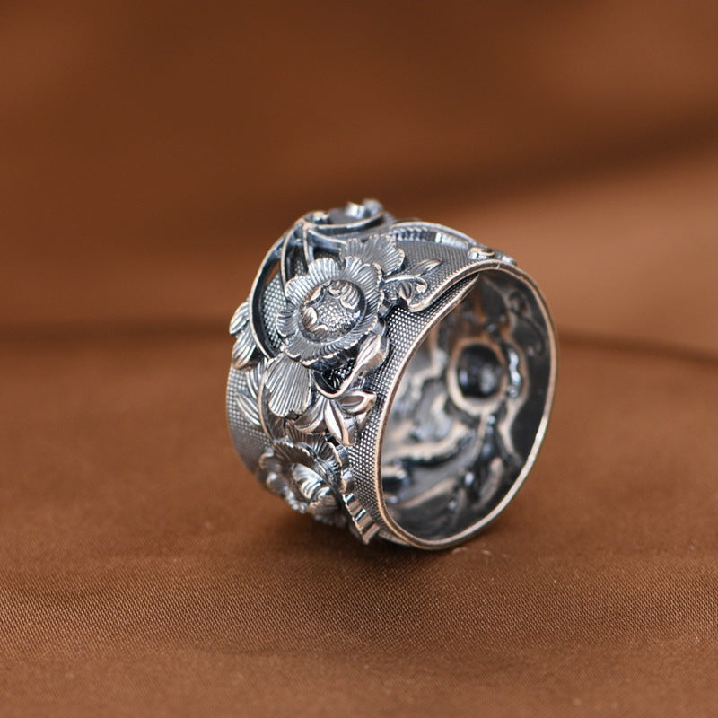 Womens Peony Flower With Open Design Embossed Retro Four-Leaf Clover Silver Band Ring