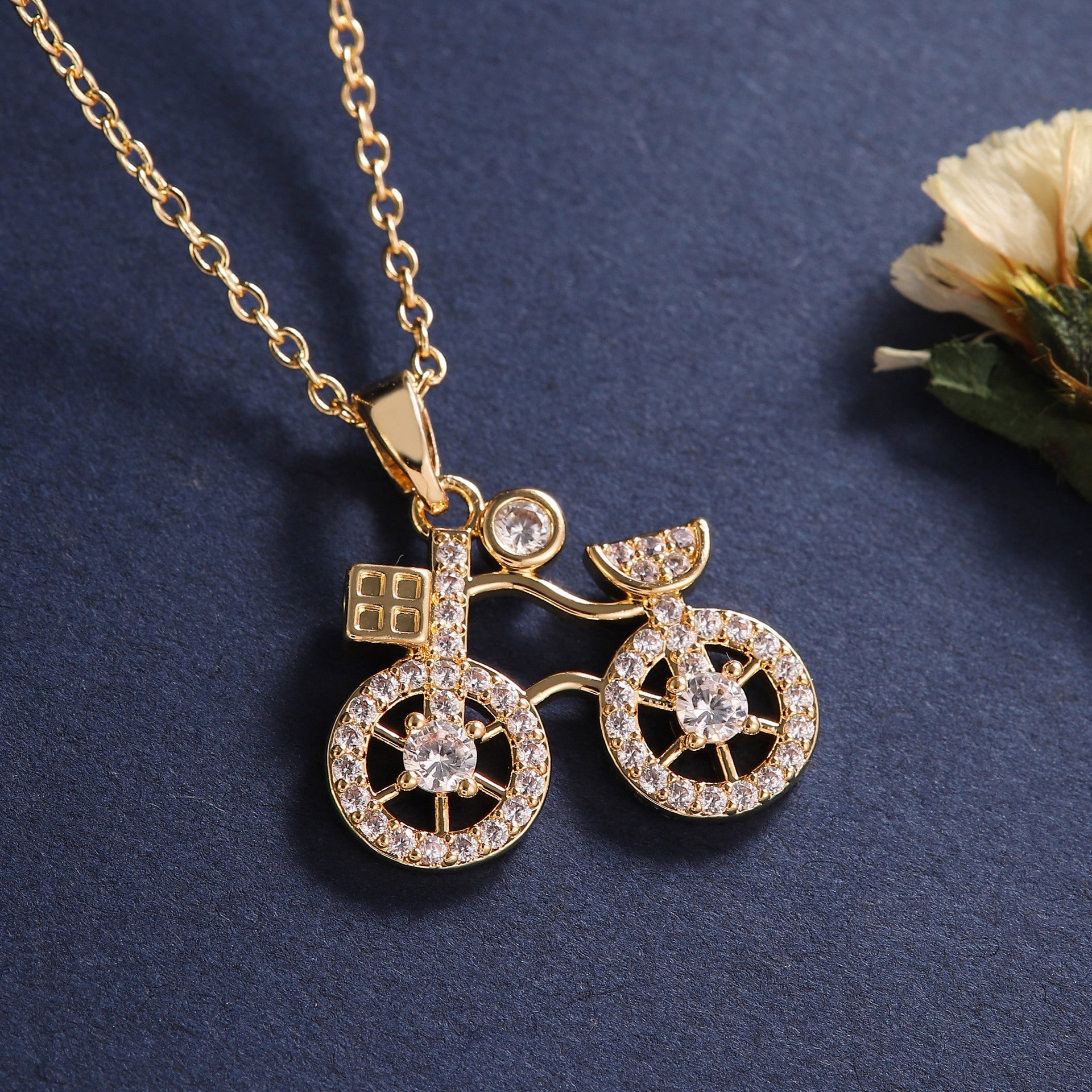 Bicycle-shaped Copper Pendant Necklace With Zircon Embellishments
