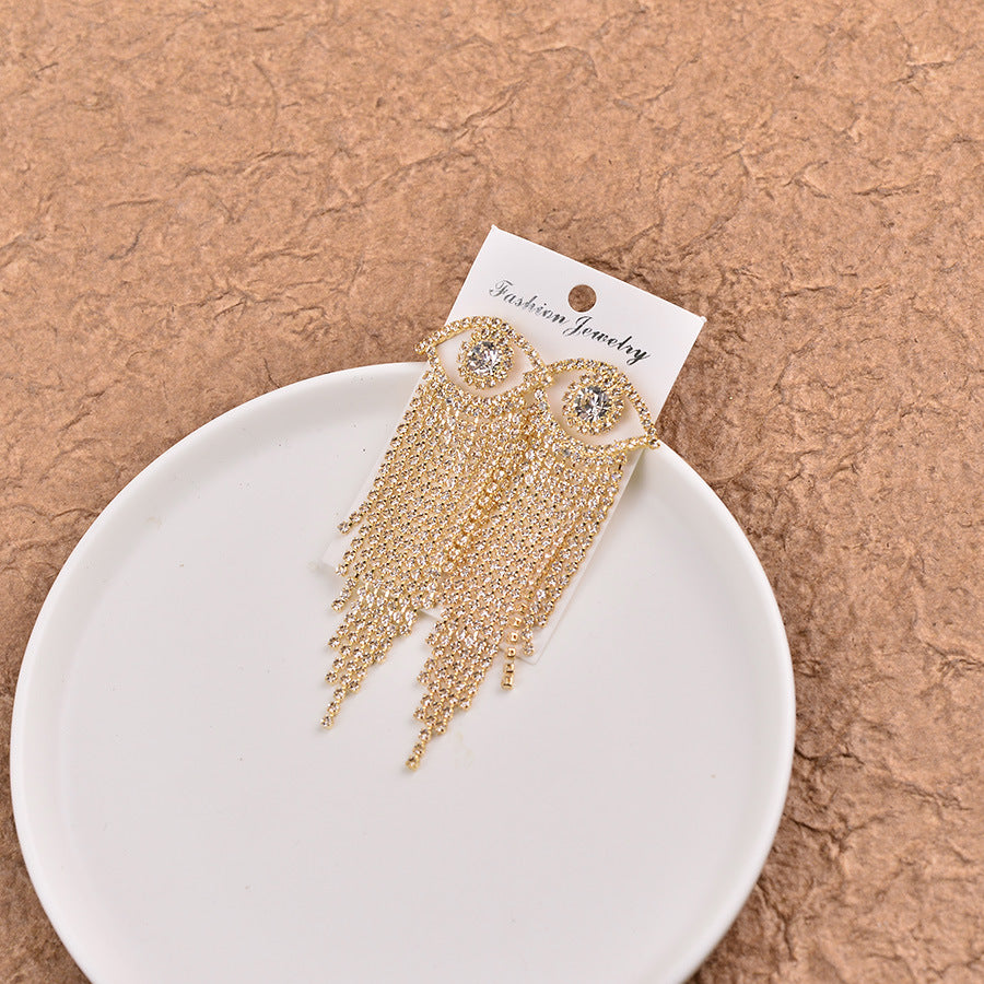 Korean-style Full-diamond Long Tassel Earrings With Round Diamonds
