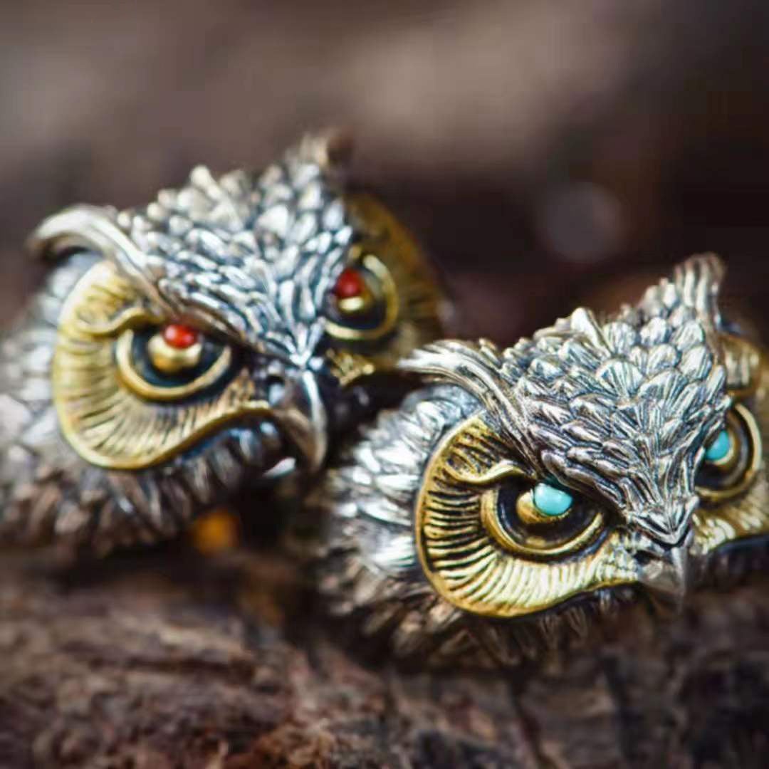 Trendy Retro Carved Hand Jewelry Cat And Owl Ring