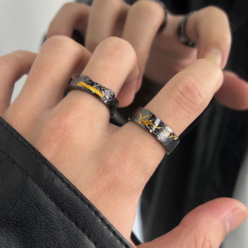 Trendy Niche-design Black And Gold Ring With A Vintage High-end Aesthetic