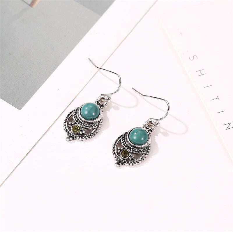 Bohemian Style Ear Jewelry Teal Turquoise Pendant Royal Vintage Openwork Carved Ear Hooks