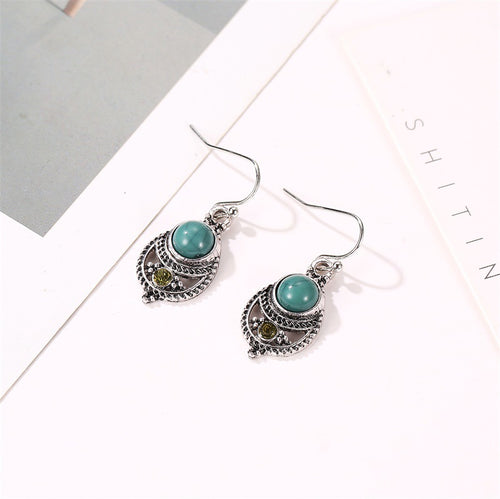 Bohemian Style Ear Jewelry Teal Turquoise Pendant Royal Vintage Openwork Carved Ear Hooks