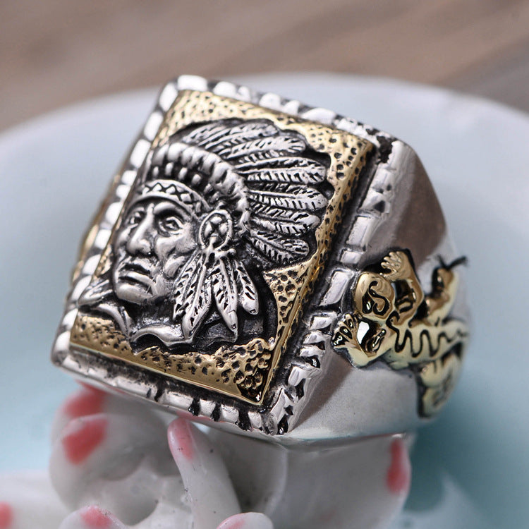 S925 Sterling Silver Jewelry Indian Chief Men's Open Ring