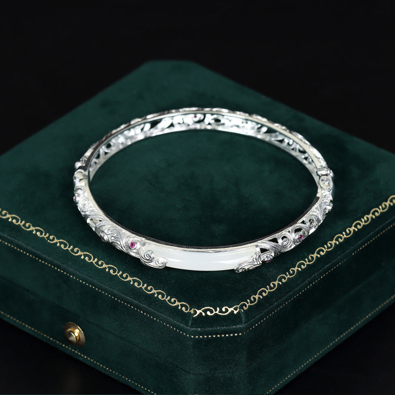Traditional Handcrafted Gold- And Silver-Thread Filigree Hollowed Hetian Jade Bracelet For Women