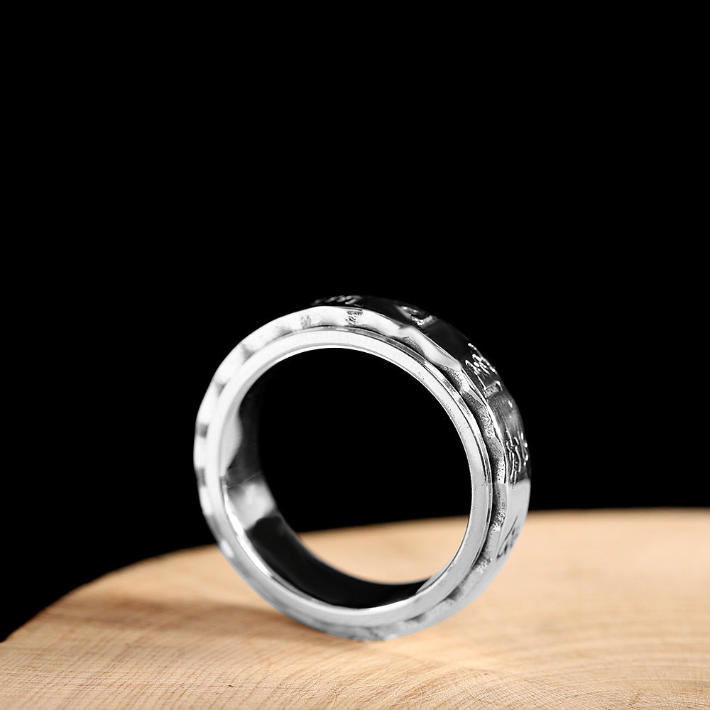 Mens Rotating Ring With The Six-Character Sanskrit Mantra In Silver