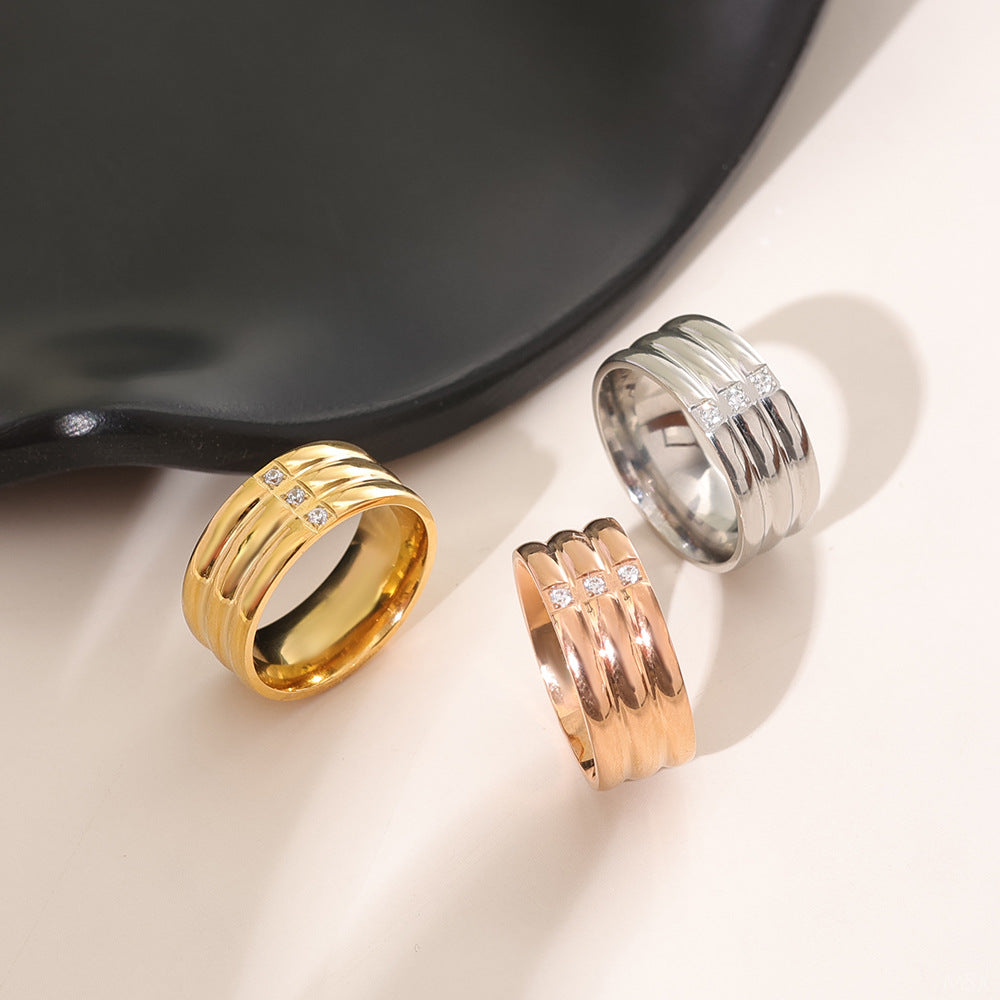 Micro-pave Three-zirconia Expertly Crafted Titanium Steel Ring
