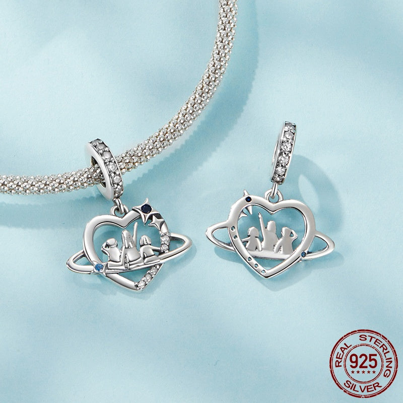 S925 Loving Heart In Sterling Silver Family Pendant Parts Diy Bracelet String Beads