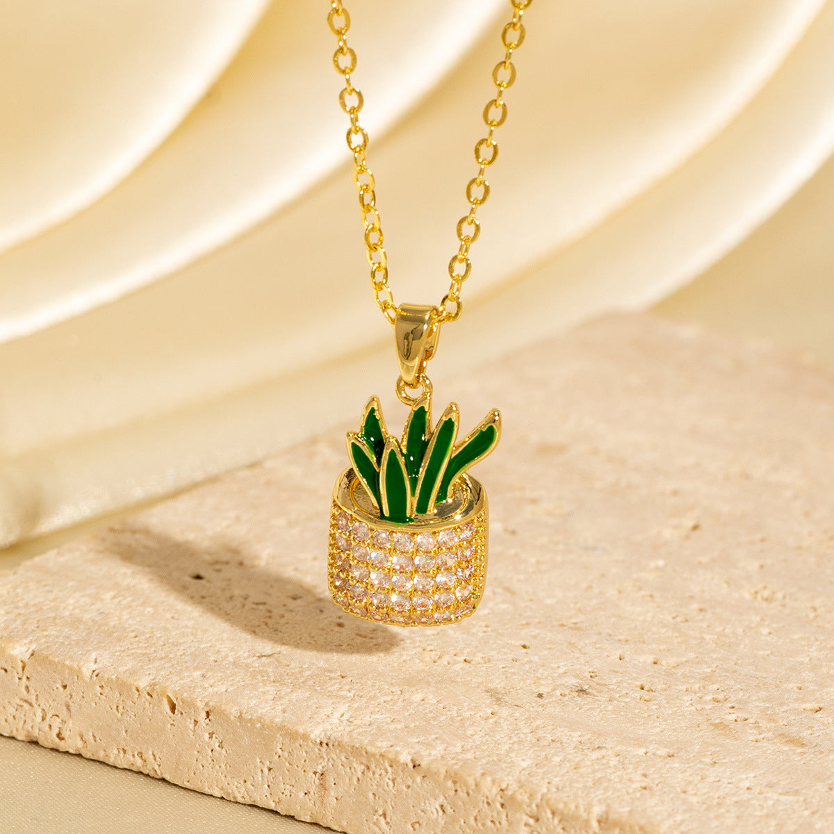 Micro-painted Zircon Droplet Niche Plant Pendant Cactus Necklace