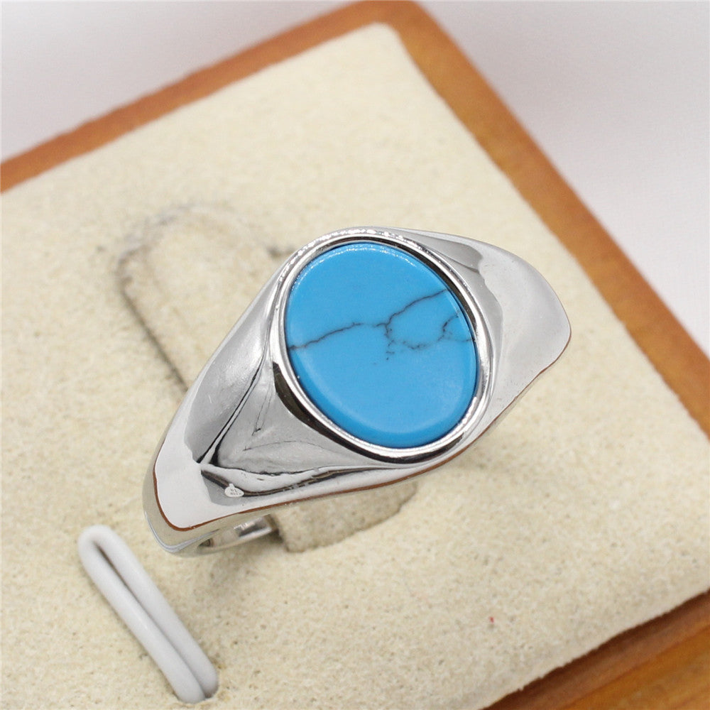 Fashionable Minimalist Oval Gemstone Ring In Cool-toned Titanium Steel
