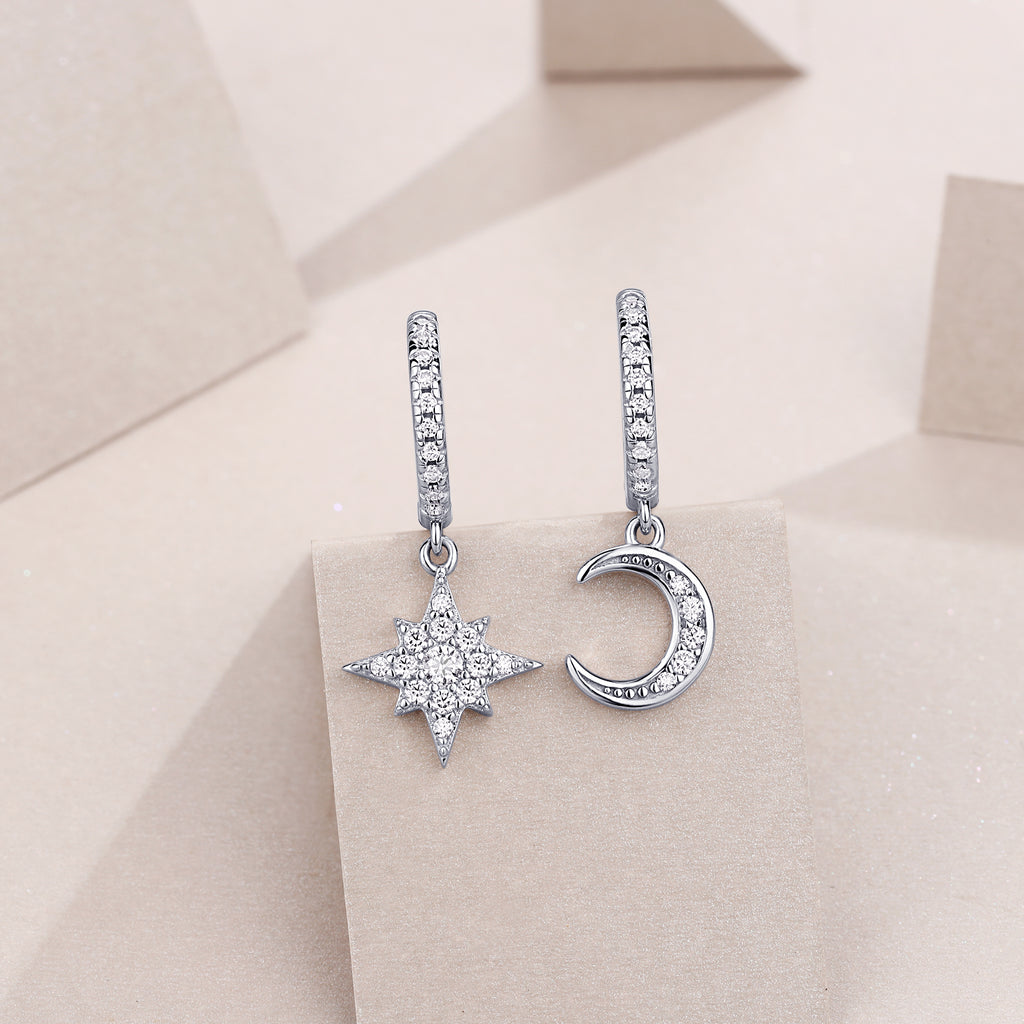Star And Moon In Harmony - Earrings Set With Top-quality Moissanite S925, Silver And Platinum-plated Stud Earrings, A Fashionable And Trendy Accessory That Can Be Tested With A Diamond Pen.