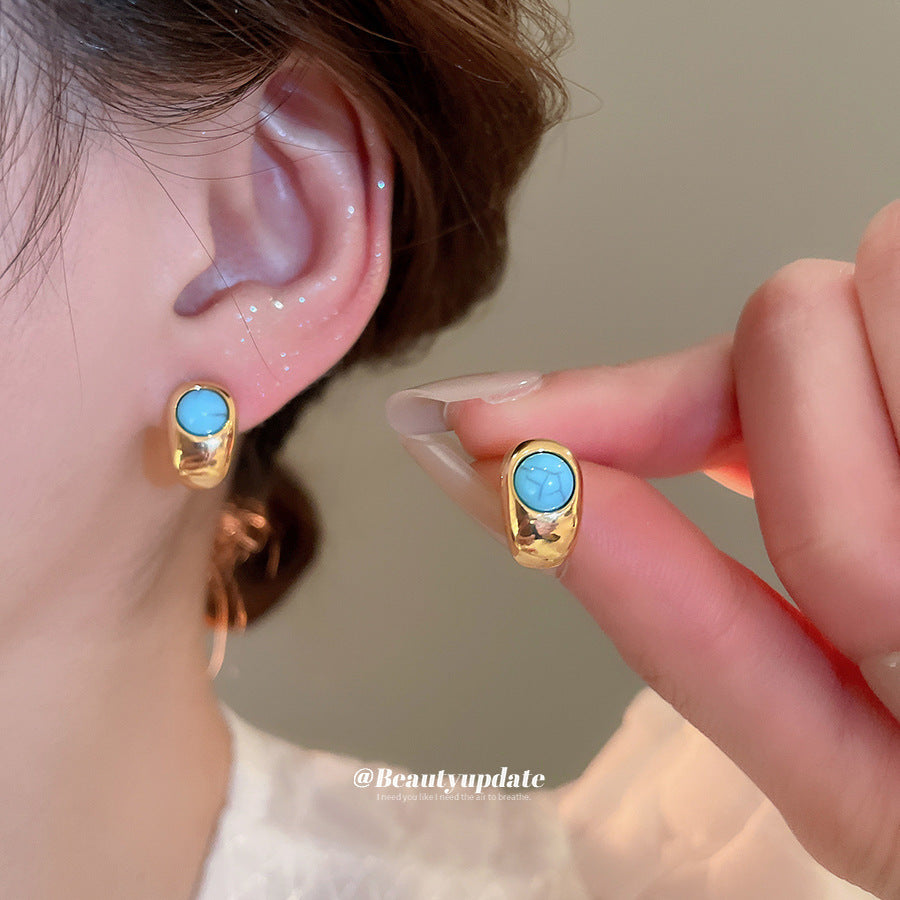 Real Gold-Plated Silver Needle Beaded Turquoise Earrings