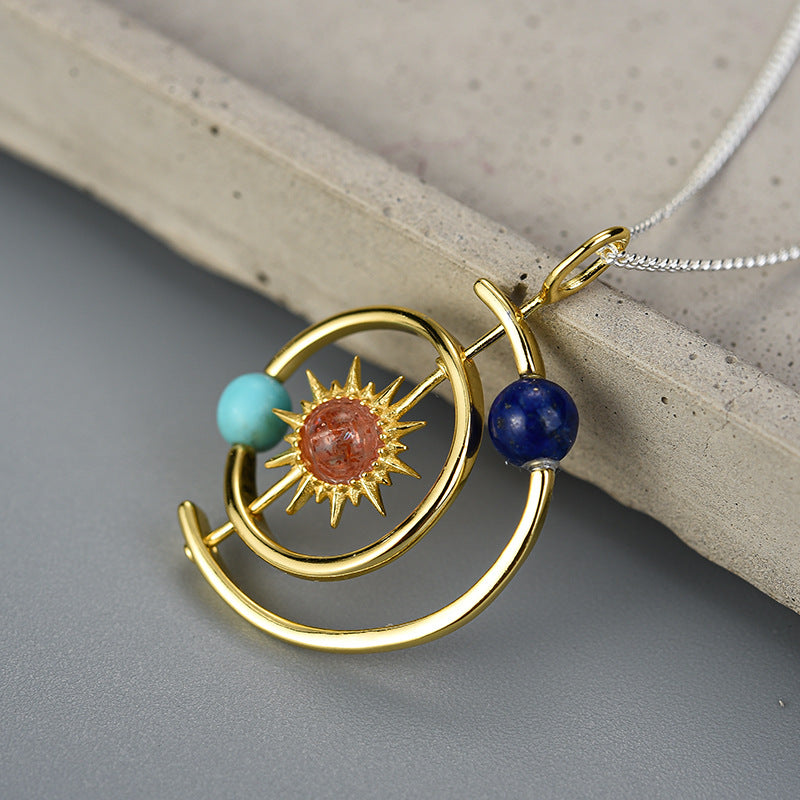 Solar System Natural Stone Sterling Silver Pendant