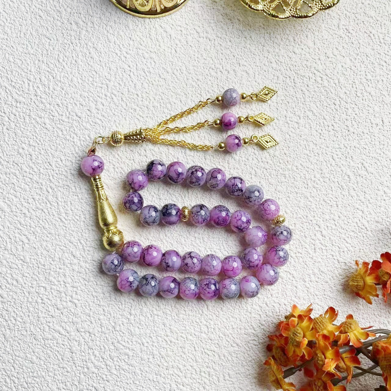 33-piece Gold Tassel Glass Bracelet With 10mm Large Flower Beads
