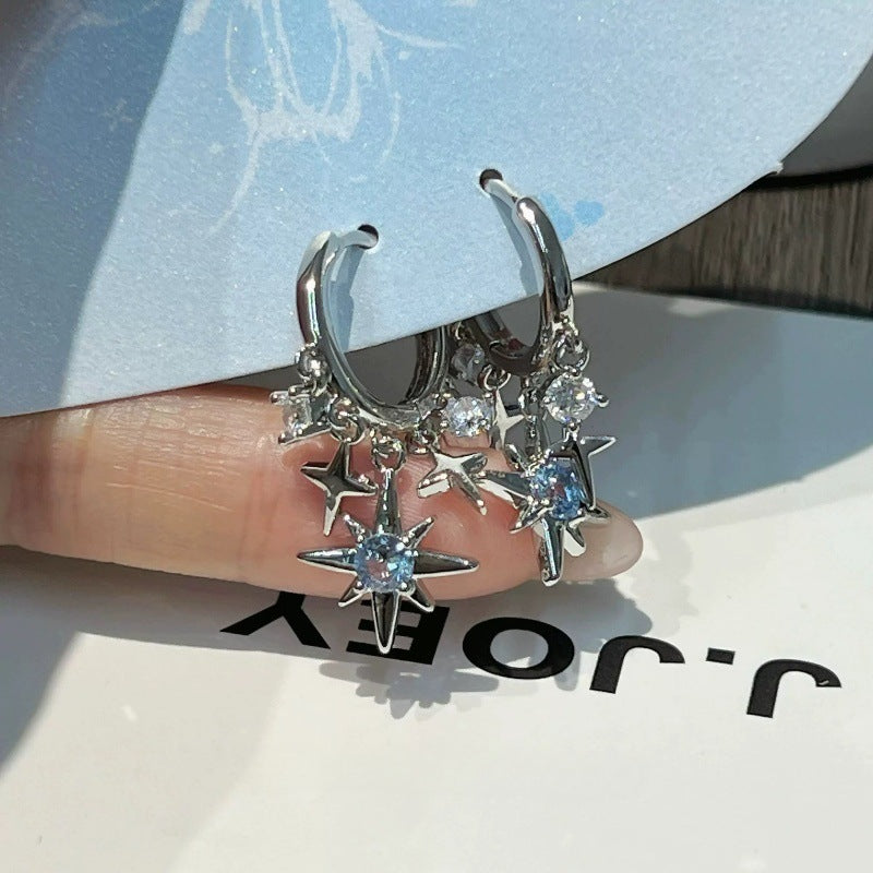 Cool-style Blue Eight-pointed Star Pendant Stud Earrings
