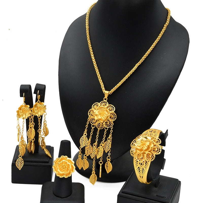 Lady's Flower Necklace Earring Ring Bracelet Copper-plated Gold Jewelry Suit