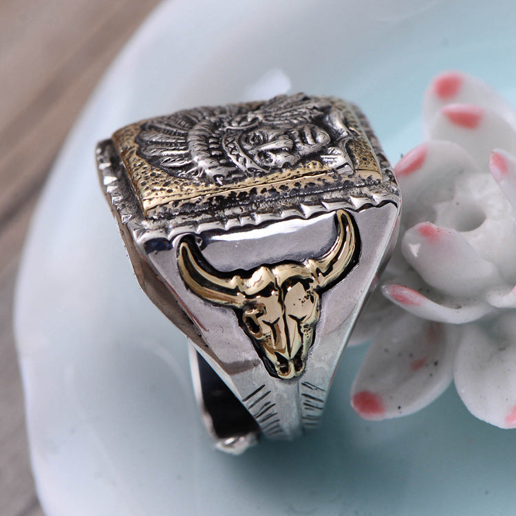 S925 Sterling Silver Jewelry Indian Chief Men's Open Ring