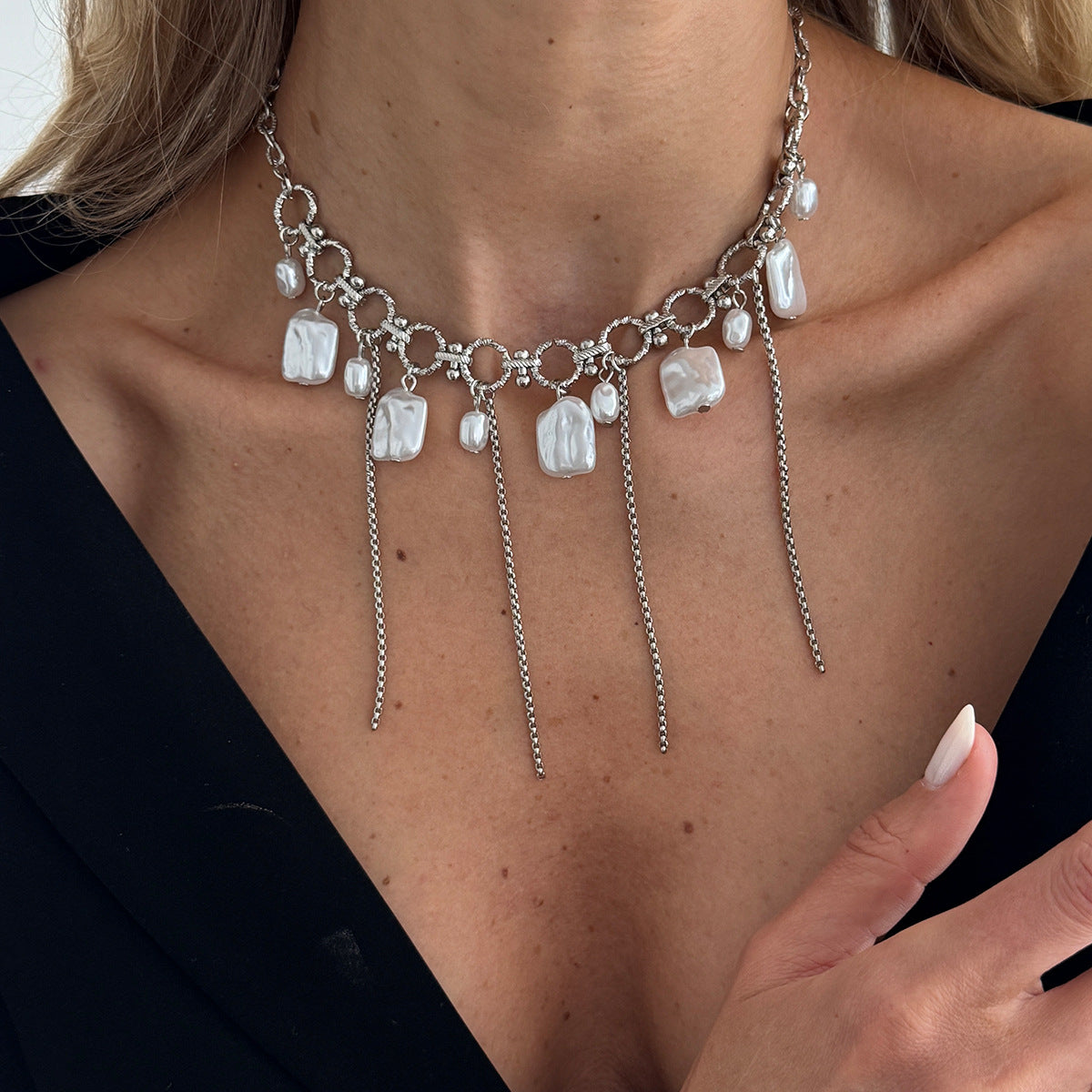 Cool Minimalist Cross Tassel Heart Pearl Necklace