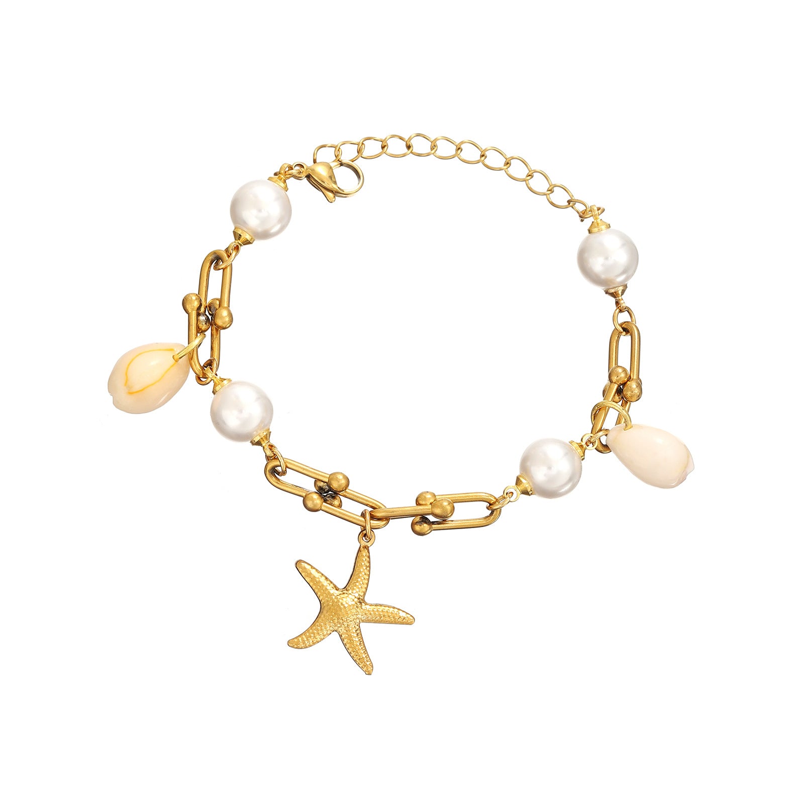 Starfish And Conch Pendant With Pearl, Stainless Steel Horseshoe Chain For Women
