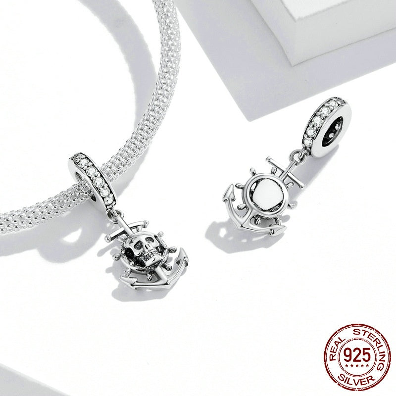 S925 Silver Skull Pirate Ship Pendant Diy Bracelet String Beads