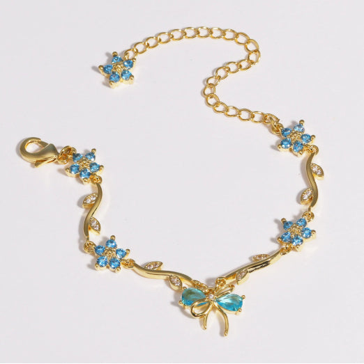 Copper Bracelet With Zirconia-Inlaid Heart-Shaped Flower And Butterfly Design