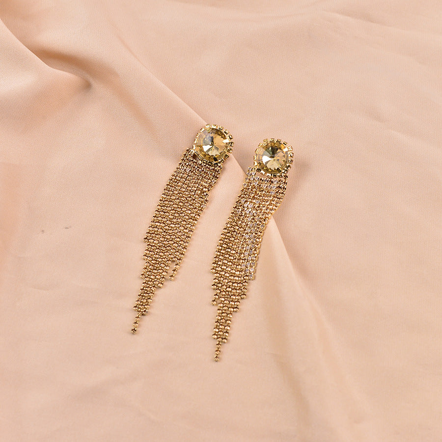 Korean-style Full-diamond Long Tassel Earrings With Round Diamonds