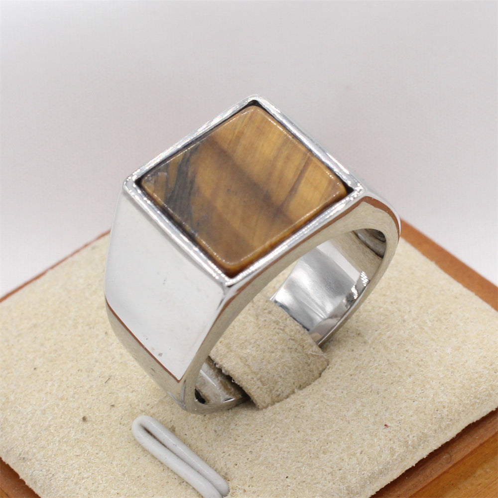 Fashionable And Minimalist Square Gemstone Titanium Steel Ring For Men