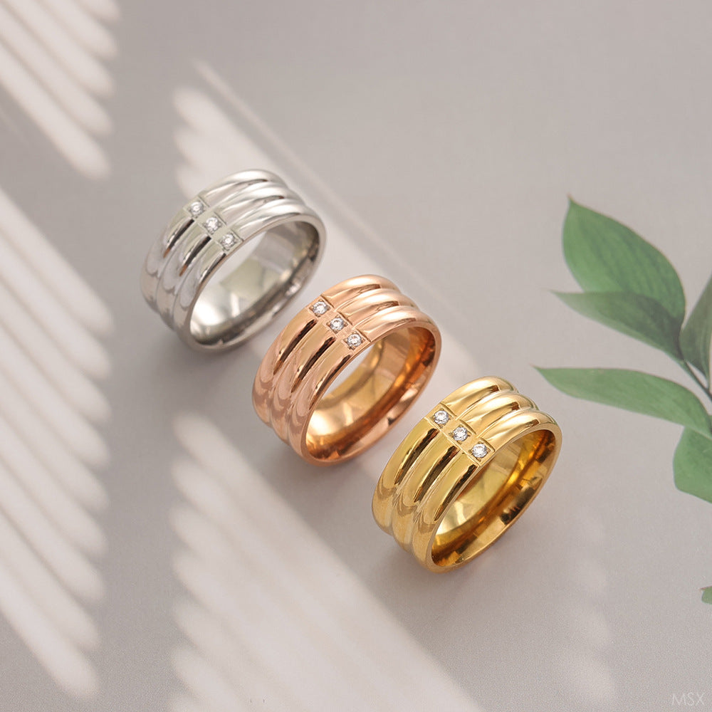 Micro-pave Three-zirconia Expertly Crafted Titanium Steel Ring