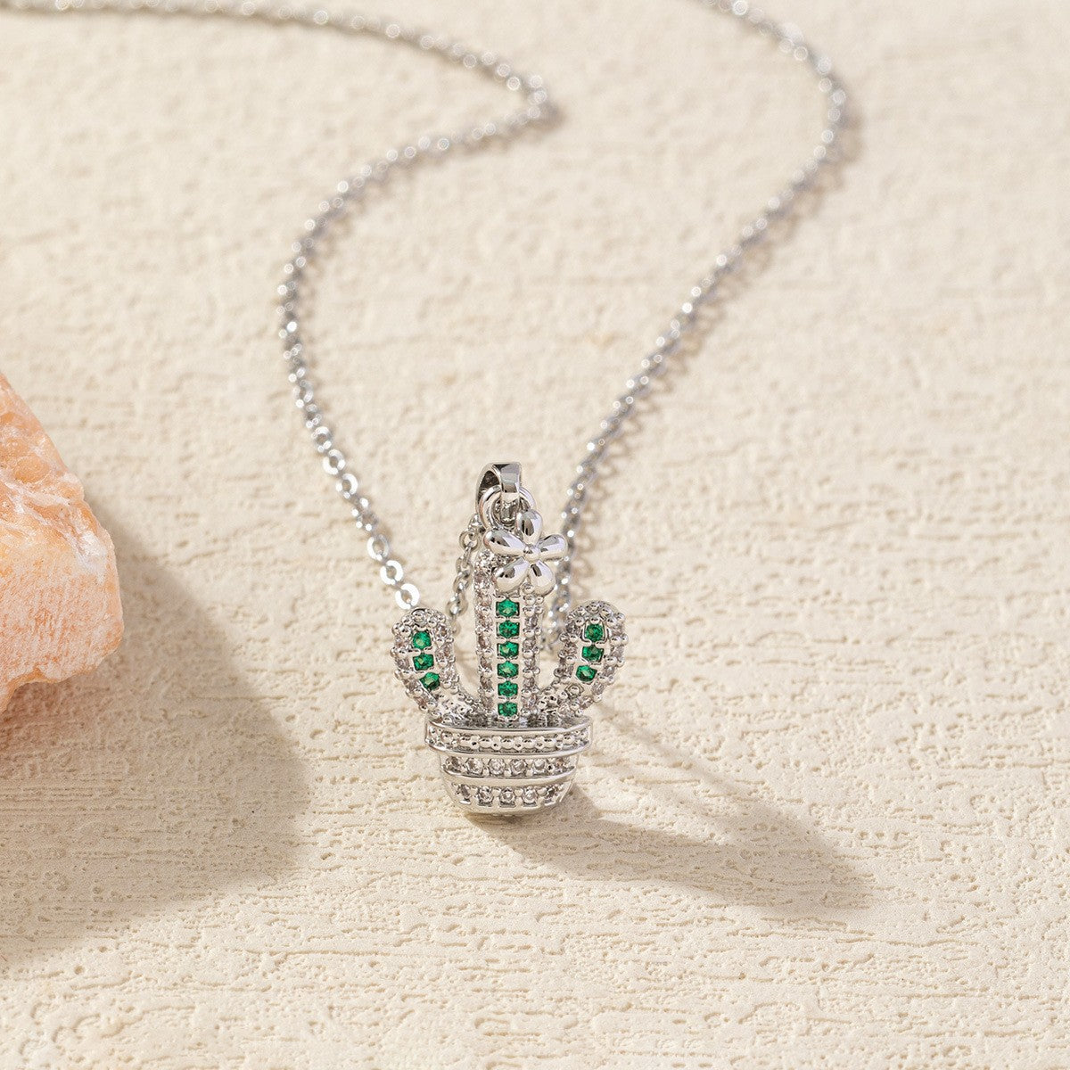 Micro-painted Zircon Droplet Niche Plant Pendant Cactus Necklace
