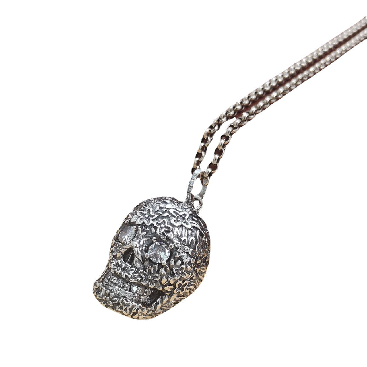 S925 Sterling Silver White Zircon Skull Pendant