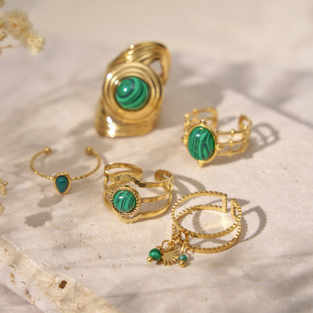 Womens French Retro-Style Natural Malachite Titanium Steel Ring