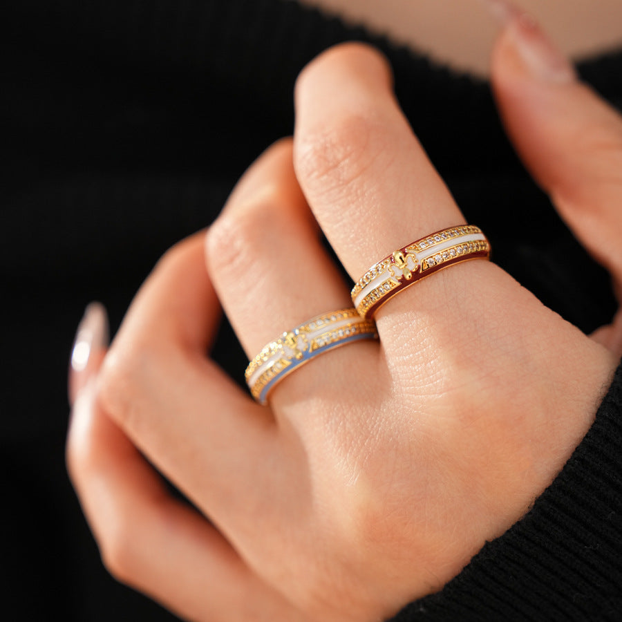 18K Gold Plated Open Ring With Cubic Zirconia Enamel Adjustable Wide Band Statement Ring For Women