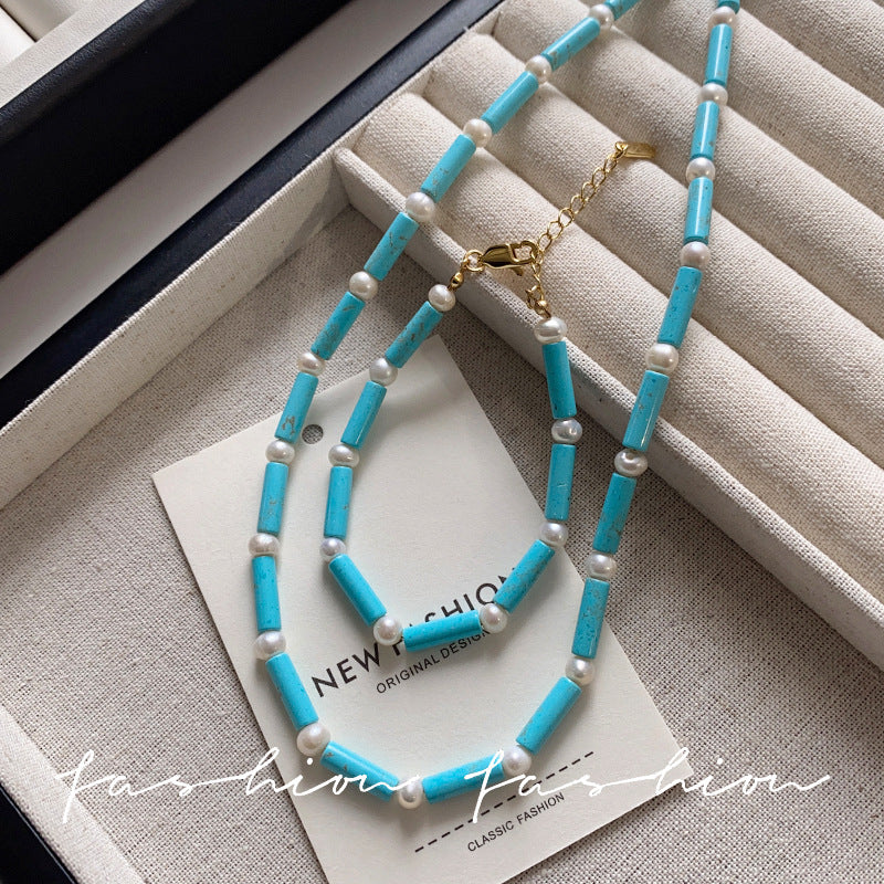 Natural Pearl And Turquoise Beaded Necklace