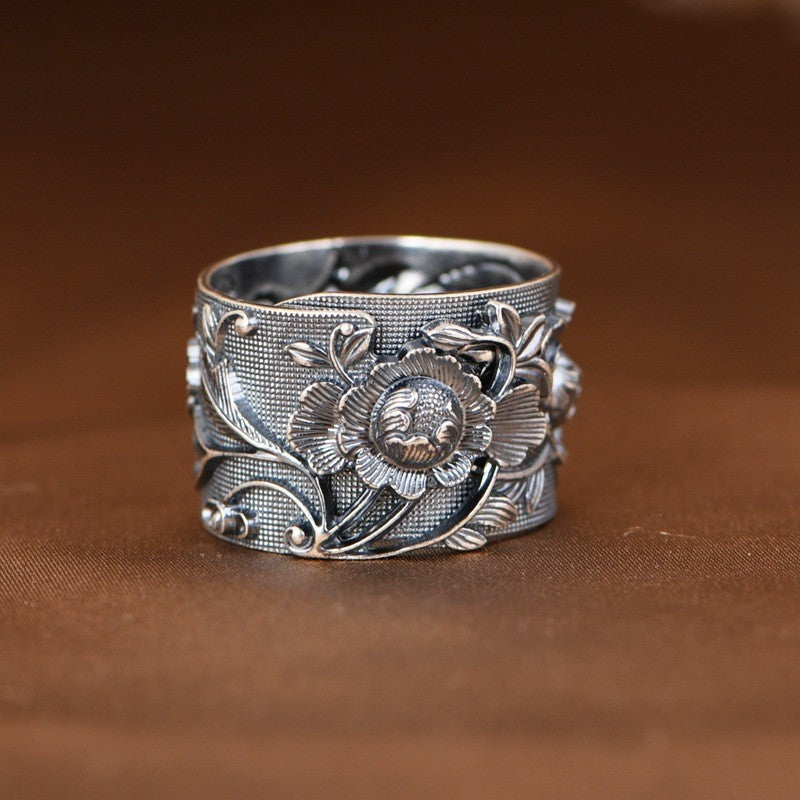 Womens Peony Flower With Open Design Embossed Retro Four-Leaf Clover Silver Band Ring