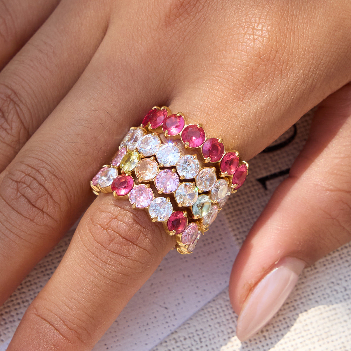 Stylish Lightweight Stainless Steel Ring With A Colorful Round Zircon Design