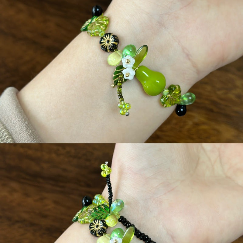 Green Beaded Natural Plant-Style Bracelet And Earrings