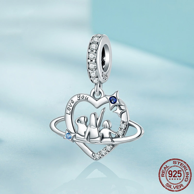 S925 Loving Heart In Sterling Silver Family Pendant Parts Diy Bracelet String Beads