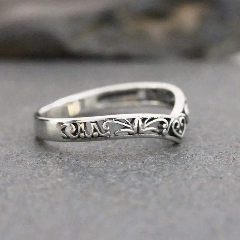 Womens Vintage Hollow Ring In Antique Silver With A Niche Heart Design And Aged Finish