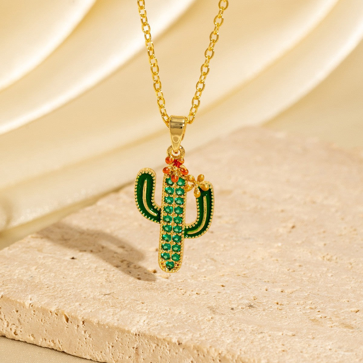 Micro-painted Zircon Droplet Niche Plant Pendant Cactus Necklace