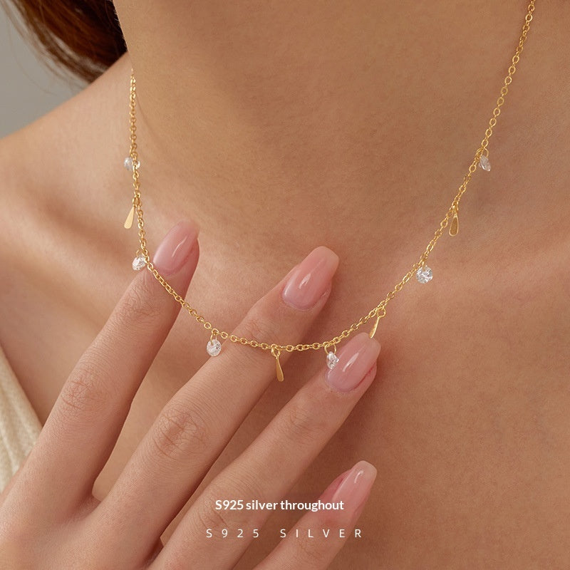 Banyan Tree S925 Silver Plated Gold Color Waterdrop Zircon Tassel Necklace