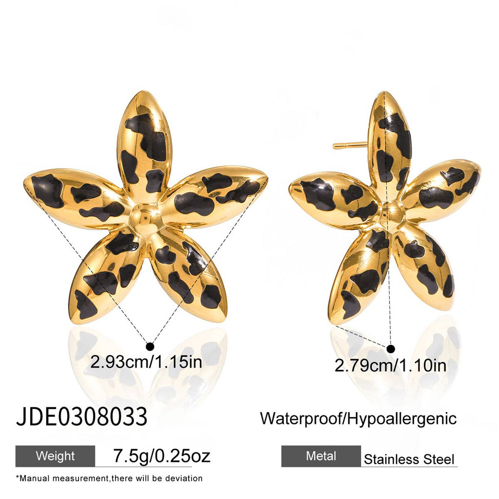 Leopard-Print Floral Statement Earrings In Dripping Oil Style Made Of Stainless Steel