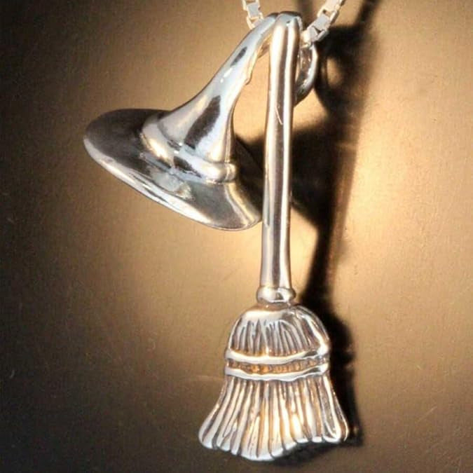 Womens Unique Halloween Broom Hat Necklace