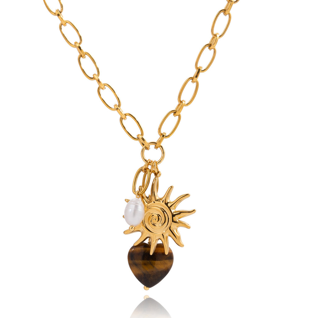 Retro Tigers Eye Heart Necklace Accessory For Women Made Of Stainless Steel