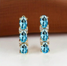 Womens French-Style Light-Luxury Gold Three-Row Oval Diamond Earrings
