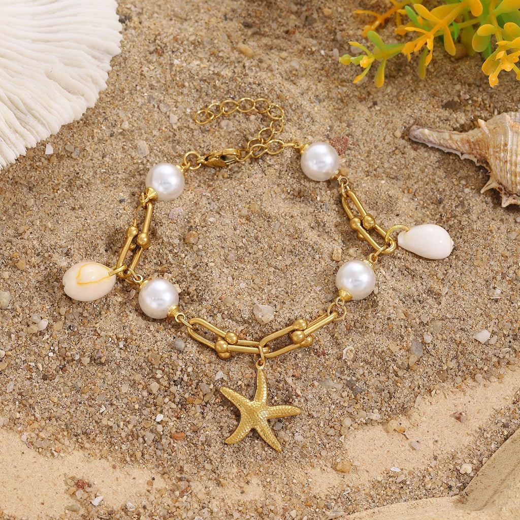 Starfish And Conch Pendant With Pearl, Stainless Steel Horseshoe Chain For Women