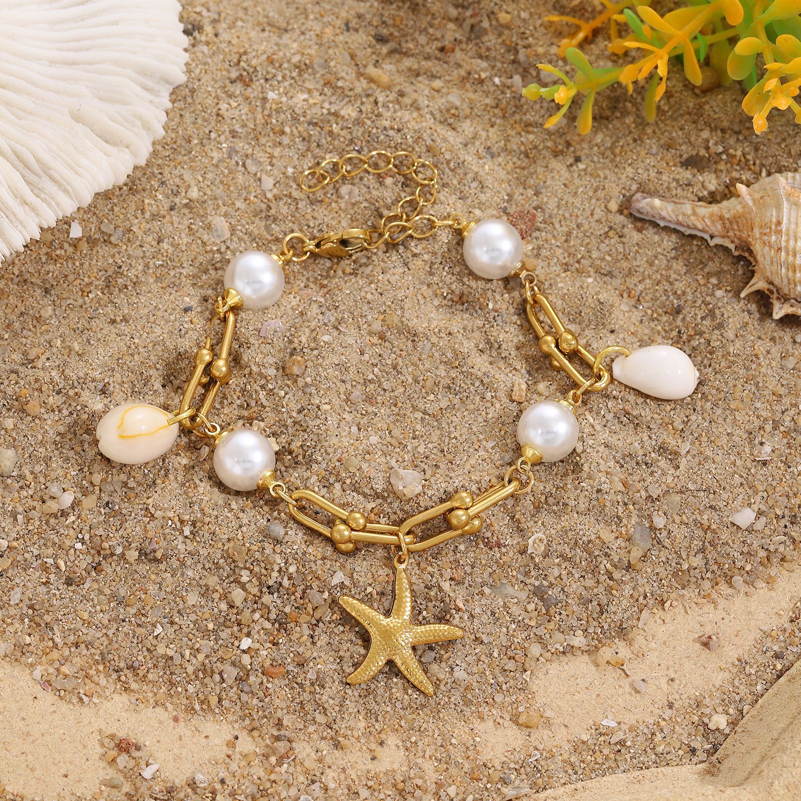 Starfish And Conch Pendant With Pearl, Stainless Steel Horseshoe Chain For Women