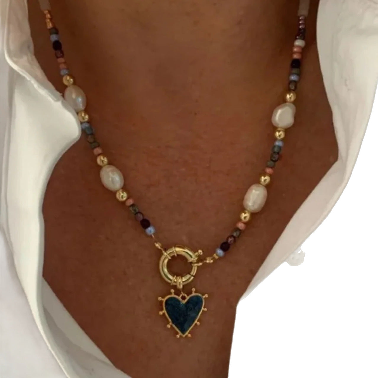 Retro Stainless Steel Heart Pendant Necklace With Natural Stones