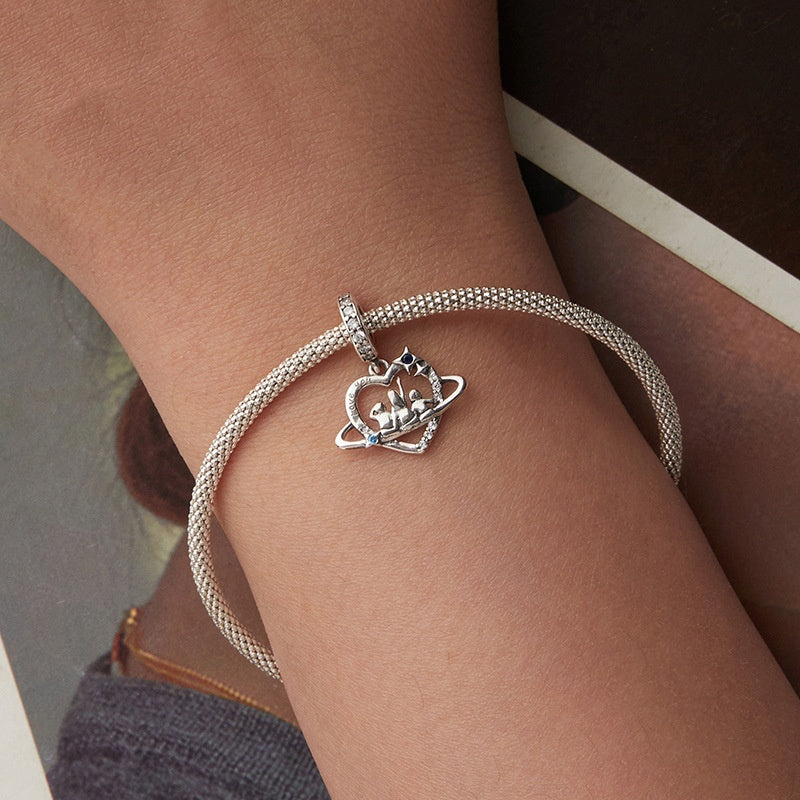 S925 Loving Heart In Sterling Silver Family Pendant Parts Diy Bracelet String Beads