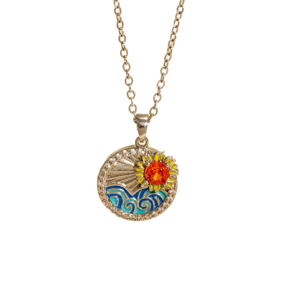 New Zircon-dripping Sunflower Round-plate Necklace